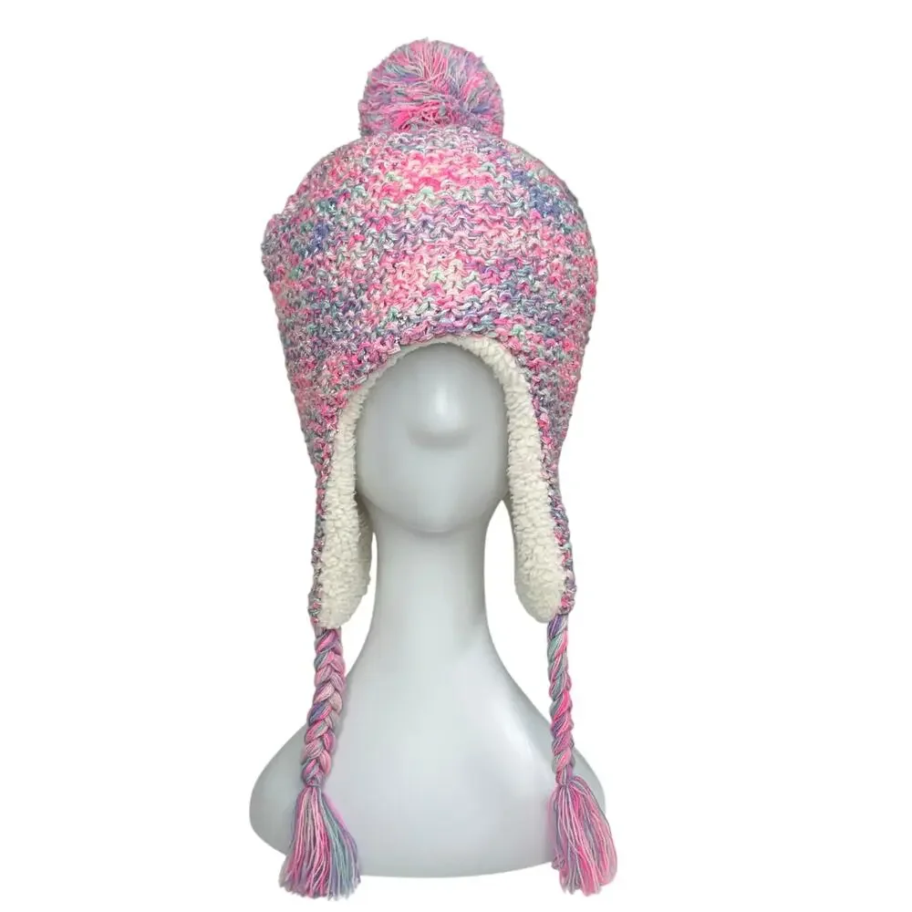 Capelli Girls Pink Pastel Sequin Embellished Knit Sherpa Toboggan Cap Hat 5-8 YO